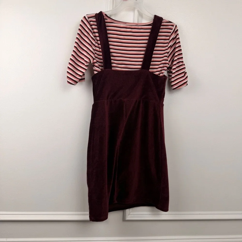 Beautees Girls Corduroy Jumper Dress and Striped Top Set Burgundy Pink 7/8